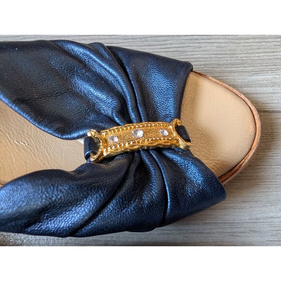 Rosetta Blue Wedge Slide Sandals Gold Embellished Size 36 Italy Made Rhinestone - Picture 2 of 5